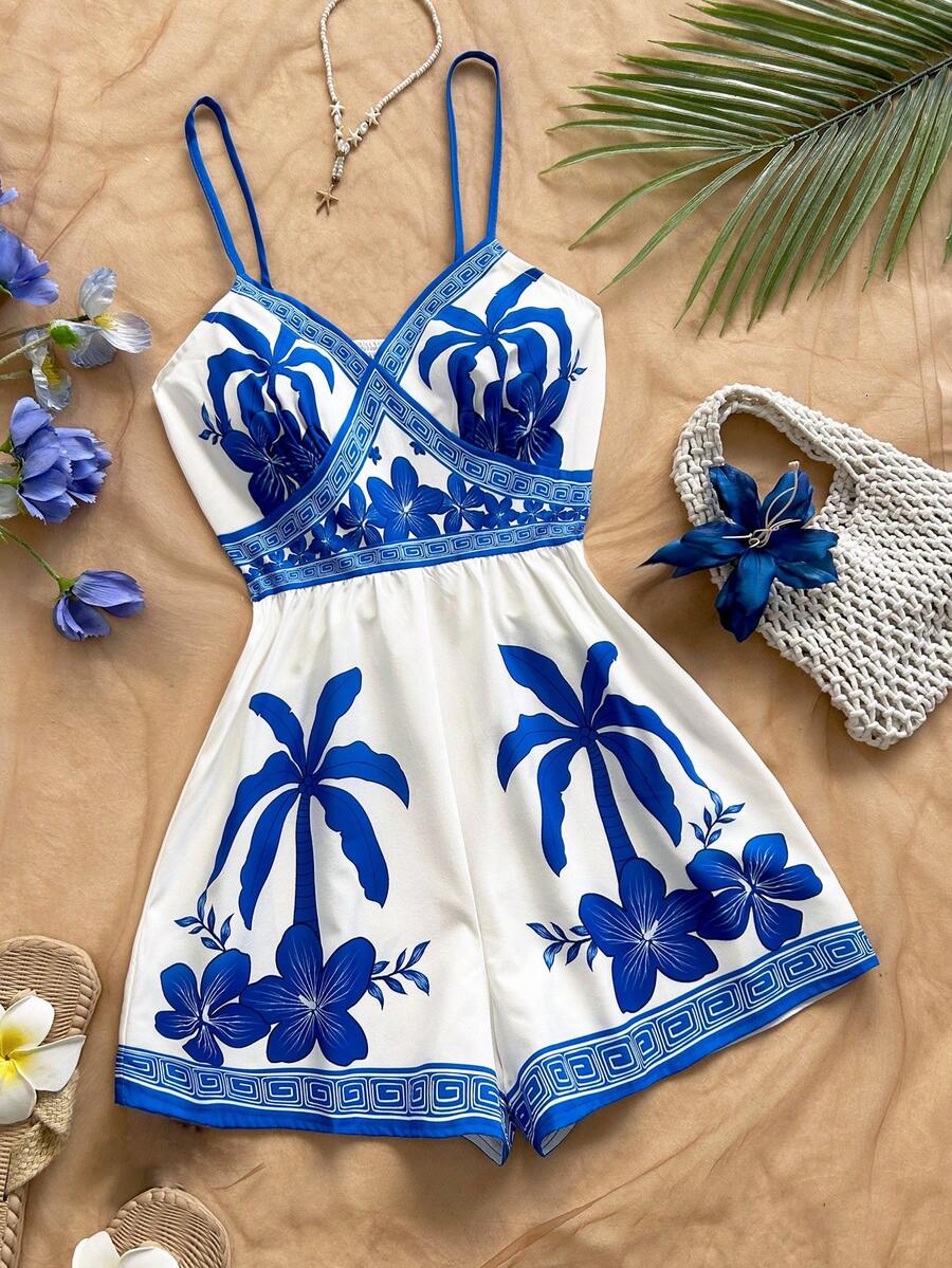 Soleia Bộ áo liền quần nữ in hình cây cọ, kiểu dáng thường ngày. - Xanh và trắng - Xem 1