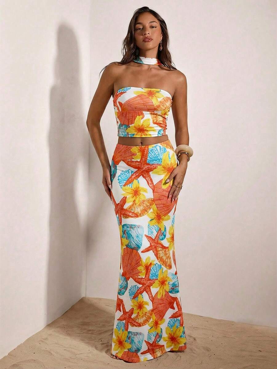 Opulessa Vacation Knit ClassicPattern Fitted Cropped Tank Top & Low Waist Fishtail Skirt 2 Pieces Set For Women,  Summer Sexy Dress,  Summer Spring Outfits, Beach Vacation Outfits, Elegant Going Out Outfits - Multicolor - View 1