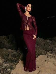 Opulessa 伴娘裙 度假纯色蕾丝裙 女士秋季派对晚宴裙 - 酒紅色 - 查看 5