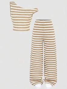 SHEIN Tween Girls' Casual Asymmetric Striped Textured Khaki & White Striped Off-Shoulder Top And Pants 2 Pieces Set - Khaki - View 4