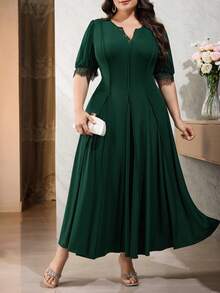 Modelyn Plus Size Women V-Neck Lace Patchwork Ruffle Casual Party Dress Elegant Dress For Women Zanzea Dress For Women Plus Size - Dark Green - View 9