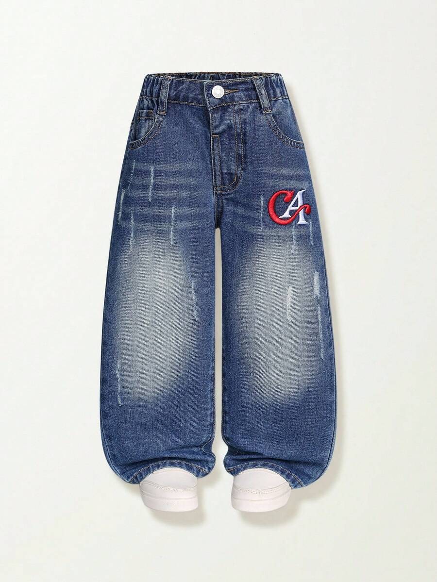 Casuvi Kids Young Boys' Vintage Streetwear Distressed Ripped Loose Comfortable Light Blue Straight Leg Kid Kid Baggy Kid Jeans Kid Baggy Jeans - Dark Wash - View 1