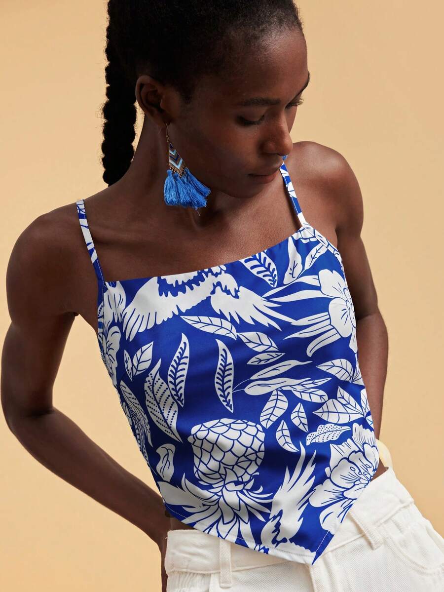 SHEIN TRVLCHIC Women's Casual Asymmetric Hem Pineapple Print Camisole Top,Summer Top - Blue and White - View 1