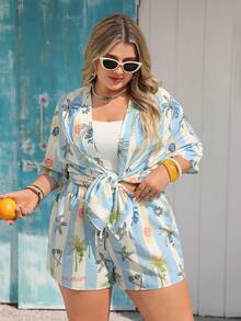 Vivid Eden Conjunto de 2 piezas de camisa tipo kimono y pantalones cortos con estampado de hojas azules para mujer de talla grande para verano - Multicolor - Ver 4