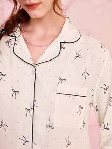 2 件女士波尔卡圆点蝴蝶结睡衣套装，长袖纽扣领上衣和裤子，休闲家居服，适合家居服，秋冬，秋季服装 - 白色 - 查看 6