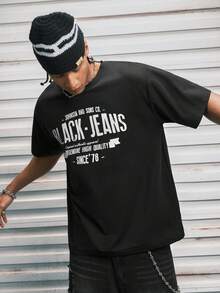 Modcrash WHITE SHARK 男士休闲时尚街头印花宽松轻薄短袖T恤，夏季 - 黑色 - 查看 1