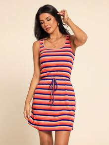 Coeurva Spring/Summer Vacation Knit Striped Women's Mini Dress Stripe Dress - Multicolor - View 7