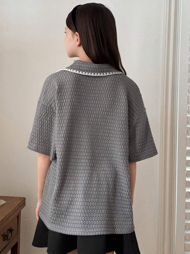 Tween Girls Ribbed Knit Collared Short Sleeve T-Shirt, Fall