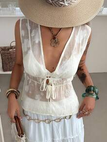 DAZY Women's Solid Color Drawstring Tie Waist Long Flare Sleeve V-Neck Casual Elegant Autumn/Winter Top Summer - Beige - View 4