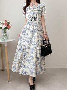 FRIFUL Women's Spring/Summer Ditsy Floral Waist Tie Bow Knot Ruffle Hem Maxi Dress, Casual Fitted Versatile Long Dress - Blue - View 6