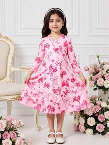 SHEIN Girls' Spring/Autumn V-Neck Long Sleeve Butterfly Print Long Dress, Fashionable And Stylish Casual Outerwear - Pink - View 1