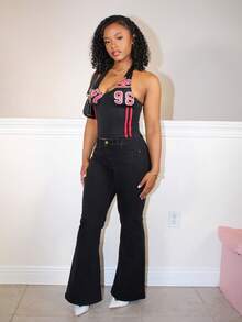 Steph T Streetwear Women's Fashion Color Block "98" Letter Print Deep V-Neck Halter Tank Top - Black - View 5