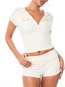 BABYPHAT Women's Hooded Zip Through Crop Top With Ribbed Texture Gold Script Lettering Short Sleeve Casual Comfort Loungewear Style - White - View 4