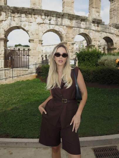 ORNATELLA 复古风格无袖背心外套 + 高腰短裤（配腰带）两件套女士西装套装，适合夏季、假日、商务休闲、节日