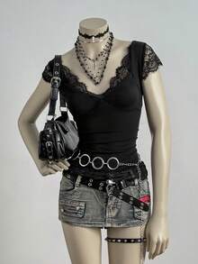 EgrlEra Áo thun nữ cổ chữ V phối ren kiểu Y2K gợi cảm dành cho nữ - màu đen - Xem 1