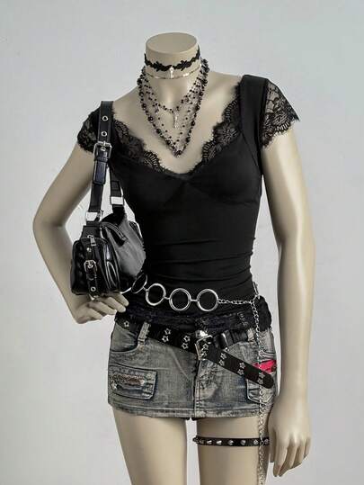 EgrlEra Y2K Lace Patchwork V-Neck Sexy T-Shirt For Women