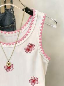 Resyla Plum Blossom Embroidery Women Round Neck Tank Top - White - View 4