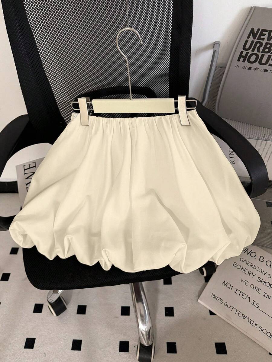 INAWLY Women's Casual Everyday Commute Minimalist Solid Color Elastic Waist Bubble Skirt, Summer - Apricot - View 1