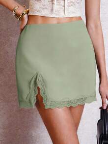 Lavishia 缎面撞色蕾丝边开衩性感优雅修身女裙 - 橄欖綠 - 查看 4