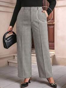 Chikora Plus Size Casual Commuter Plaid High-Waist Suit Pants - Black and White - View 7