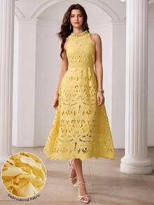 Modelyn Women's French Style Yellow Halter Neck Hollow Out Embroidery Sleeveless Casual Slim Dress - Yellow - View 8