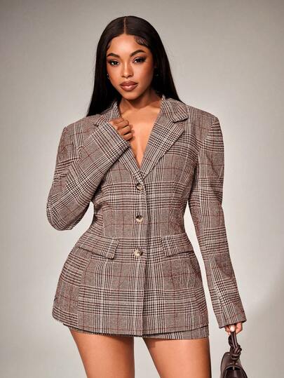 Radiana Retro Fashion Commuter Brown Plaid Suit Set - Waist Cinched Blazer + Low-Waist Skirt 2 Piece Set (Includes Shoulder Pads And Anti-Flashing Shorts), Wool Suit, Casual Business Women's Wear, Old Money Style Clothing, Formal Occasion Attire, Office Wear