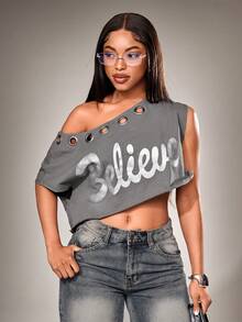 Radiana Women's Grey Summer Streetwear Club Night Asymmetric Shoulder Crop Top,Foil Graphic Metallic Hollow Out Decor Retro Distressed Vintage T-Shirt - Grey - View 2