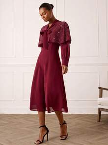 Lilora 女士水钻装饰优雅收腰长裙，适合约会和派对穿着 - 酒紅色 - 查看 9