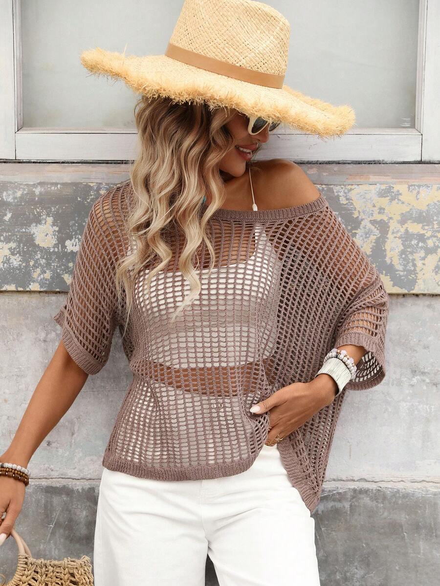 Brillora 女士夏季沙滩度假镂空透视蝙蝠袖宽松毛衣 - 棕色 - 查看 1