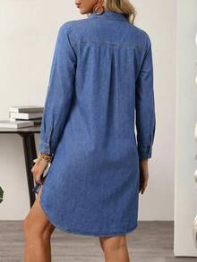 EMERY ROSE Women's Rolled Sleeve V-Neck Single-Breasted Casual Denim Dress With High-Low Hem - Blue - View 2
