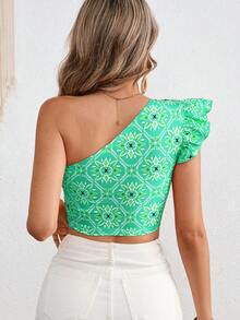 Vivid Eden Asymmetric Knit Print Cropped Fitted Blouse For Women Summer Crop Top One Shoulder Top - Green - View 8