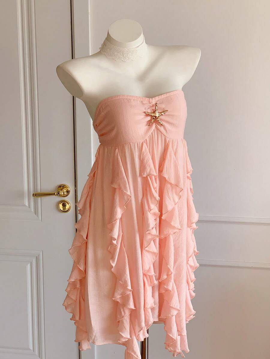Comfortcana Women's Strapless Metal Starfish Decor Ruffle Hem Sexy Mini Dress, Fashionable For Dates And Parties, Summer Outfits For Women,Pink Dress - Pink - View 1
