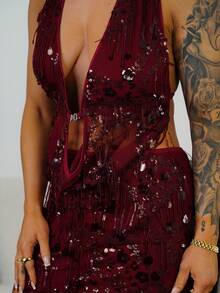 SAYEHFBABY 2pcs Fitted Shiny Fringe Sequin Drape Neck Camisole And Mini Skirt Set, Suitable For Music Festivals, Parties, Chinese Red, Annual Galas, Christmas, Halloween,New Year's Eve Dress ,New Year Women's Clothes,Christmas Clothes,New Year Clothes,Party Dresses For Women,Glitter Dress,New Year Clothes - Burgundy - View 3