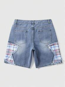 ROMWE MEN Street Life Men's Patchwork Five-Pointed Star Frayed Plaid Loose Casual Denim Shorts - Blue - View 2