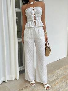 Sunnyshic Bộ đồ gồm áo quây không dây buộc phía trước và quần ống rộng cạp cao bằng vải cotton hữu cơ in chấm bi trắng, kiểu dáng thanh lịch, thoải mái, thích hợp cho kỳ nghỉ hè, đi biển dành cho nữ. - trắng - Xem 4