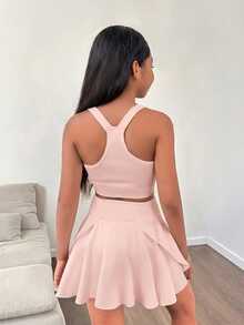 SHEIN 少女休闲纯色针织吊带连衣裙和短裤套装，春夏款 - 粉色 - 查看 2