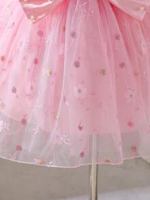 SHEIN Glamorique Kids Toddler Girls' Princess Dress, Pink Embroidered Dress, Sequins, 3D Flowers, Birthday Party, Wedding Holiday Dress, Flower Girl, Sleeveless, Back Bow Tie, Pearl - Pink - View 6
