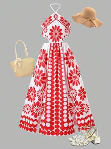 SHEIN Tween Girl Floral Print Backless Waist Hollow Out Maxi Beach Vacation Dress - Red - View 3