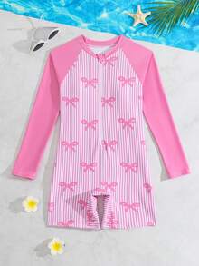 Tween Girls' One-Piece Swimsuit, Pink Striped Bow Print Long Sleeve Zipper, Suitable For Swimming, Summer Vacation, Beach - Pink - View 4