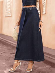 Selianne Falda mini de mezclilla de línea A casual para mujer, versátil para el uso diario - Azul lavado oscuro - Ver 5