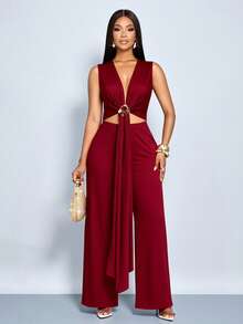 SOLERSUN Bộ jumpsuit nữ màu đỏ tía thanh lịch không tay, cổ chữ V sâu, khoét eo, thắt lưng kim loại xếp nếp, ống rộng, thích hợp cho buổi tối/tiệc tùng/hẹn hò. - Màu Đỏ Sâu - Xem 6