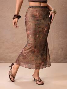 ROMWE PETITE 女士朋克风花卉佩斯利印花荷叶边鱼尾裙 - 彩色 - 查看 1