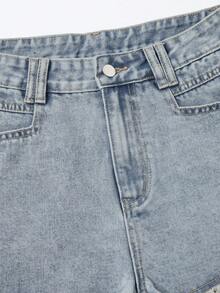 SHEIN Essnce Quần short denim nữ kiểu dáng thường ngày, có túi và gấu quần rách, đa năng cho trang phục hàng ngày. - Rửa nhẹ - Xem 5