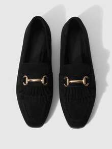 Sleekvia 女士小方头平底黑色绒面革流苏搭扣中性舒适通勤百搭女士乐福鞋 - 黑色 - 查看 1