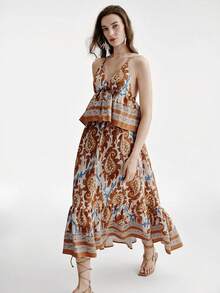 Aveloria Modichic White And Blue Floral,Summer,Boho,Vacation,Holiday Caramel Brown Vintage Paisley Print Lightweight Tiered Ruffle Hem Spaghetti Strap Elastic Dress - Multicolor - View 1
