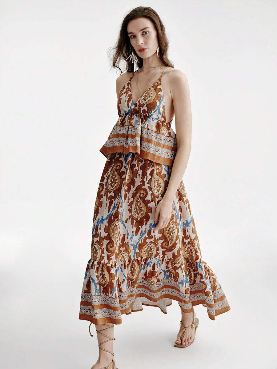 Aveloria Modichic White And Blue Floral,Summer,Boho,Vacation,Holiday Caramel Brown Vintage Paisley Print Lightweight Tiered Ruffle Hem Spaghetti Strap Elastic Dress - Multicolor - View 1