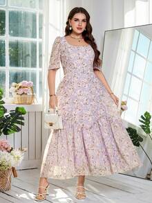 Reflora 大码女士优雅花卉印花花瓣袖收腰荷叶边下摆度假连衣裙 - 紫色 - 查看 4