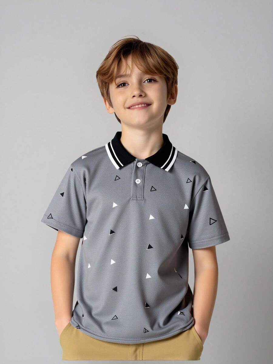 SHEIN Tween Boy Geometric Striped Short Sleeve Casual Polo Shirt - Light Grey - View 1