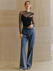 Anewsta New Elegant Fashion Holiday New Year Party Date Fitted Elastic Ruched Mesh Bodysuit For Women, Versatile & Sexy, Spring/Summer - Black - View 4