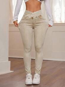 SHEIN PETITE Women's Fall Autumn Winter Back To School Homecoming Halloween Christmas Y2k Cute Gym Streetwear Birthday Club Airport Women Casual Washed Overlap Waist Slim Fit Blue Jeans High-Waisted Stretchy Skinny Jeans For Women - Perfect Fit For Everyday Wear Casual Blue Denim Skinny Jeans With Soft Fabric And Flattering High-Waist Design - Khaki - View 4